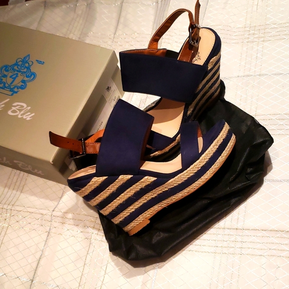 French Blu New POPEYE Espadrille Platform Wedge Sandal NIB Navy Tan Women's 40 - Picture 2 of 14